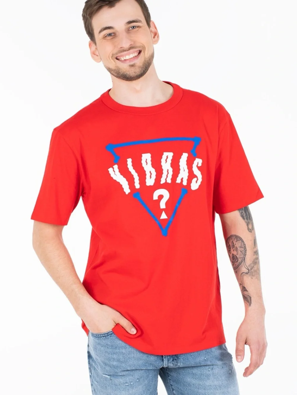 New Guess Red Short-Sleeve Graphic Tee with Blue & White Logo Sz L - Picture 1 of 2